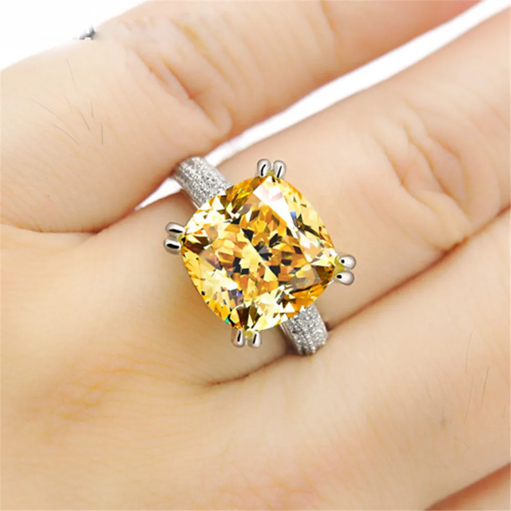 

12MM Citrine Gemstone Rings For Women 100% Genuine 925 Sterling Silver Jewelry Ring Fashion Wedding Engagement Gifts