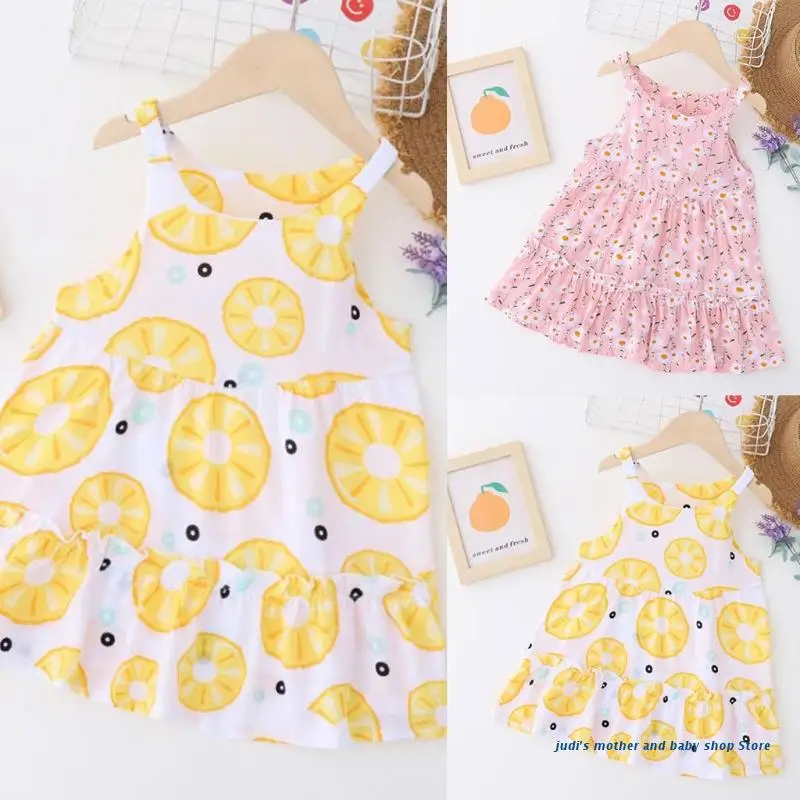 

67JC Toddler Baby Girl Cotton Sling Dress Casual Summer Children Princess Sleeveless Floral Printed Dress