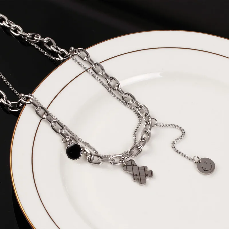 

POTCET Ladies Stainless Steel Bear Smiley Sweater Chain Titanium Steel Necklace Hip Hop Geometry Travel Souvenir Jewelry