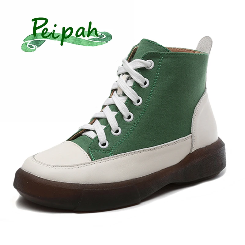 

PEIPAH Genuine Leather Rome Women Boots Lace Up Flat With Solid Ladies Shoes Woman Soft bottom Ankle Sneakers Female Footwear