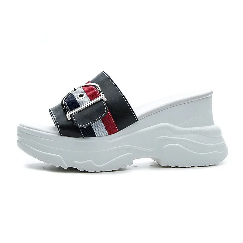 

Slippers Casual Shoes Women Heels Platform Slides On A Wedge Pantofle Luxury High Summer 2021 PU Rome Basic Fabric Scandals