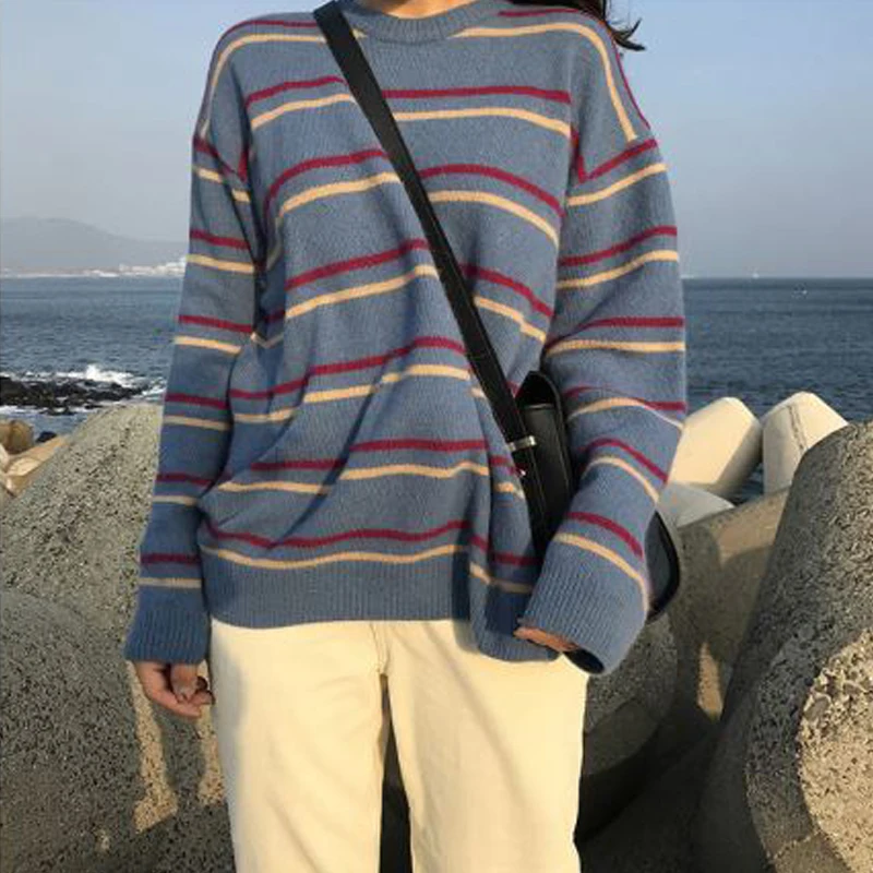 

Oversized Harajuku Knitted Sweater Women Fashion O-Neck Stripe Vintage Loose Causal Chic Daily Knitwear Tops Autumn-Winter