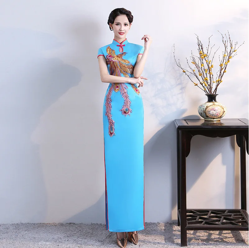 Женское изысканное длинное платье-Ципао с аппликацией Феникса пикантное