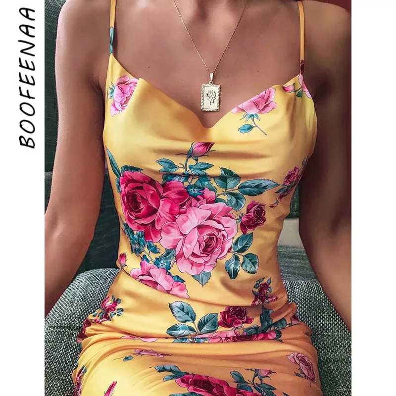 BOOFEENAA/желтое атласное платье комбинация с цветочным принтом элегантное