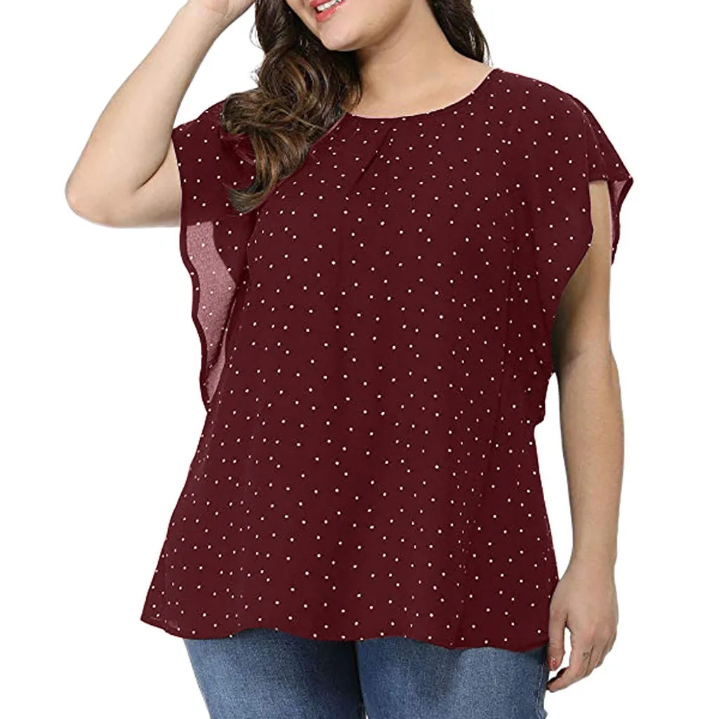 

Round Neck Short Sleeve Blouses Women Casual Summer Plus Size Ruffle Sleeve Shirt Top Polka Dot Chiffon Shirt Oversize Casual