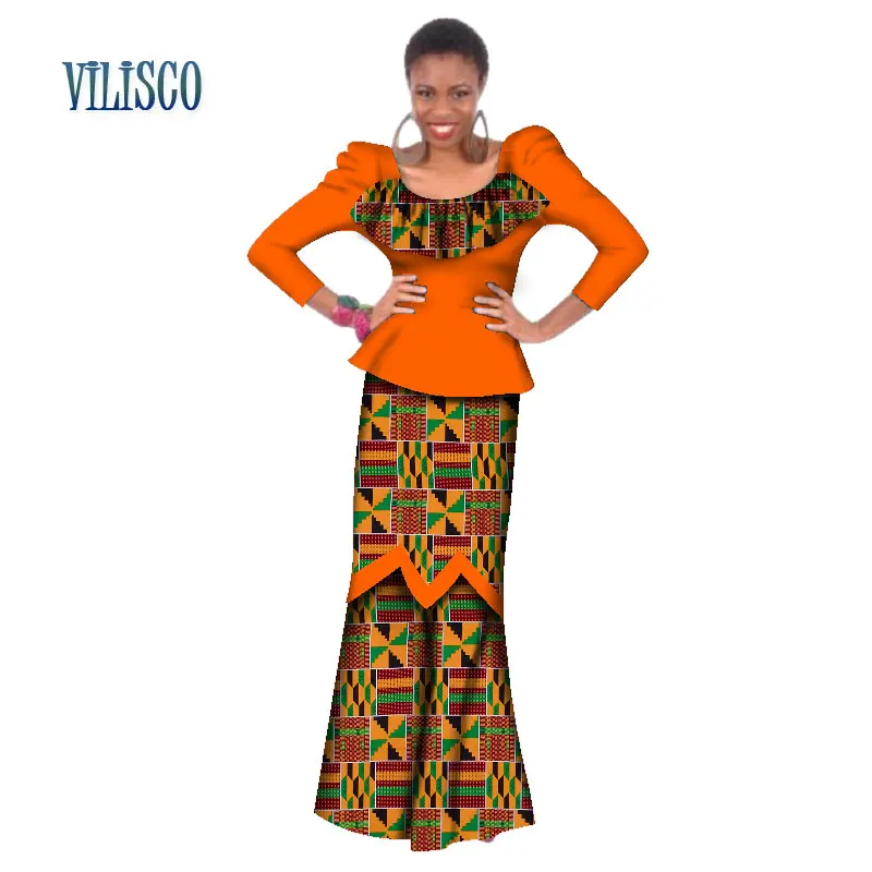 

Traditional African Patchwork Pleat 2 Piece Skirt Sets Clothing Bazin Riche African Tops and Straight Skirt Sets for Women WY207
