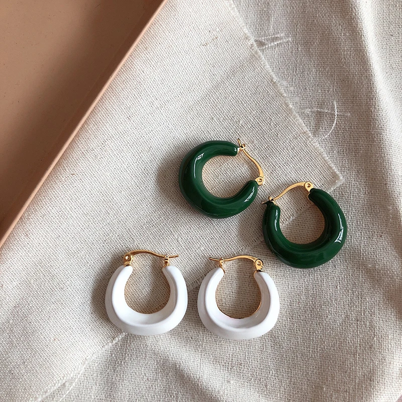 

SRCOI Vintage Irregular C Shape Circle Dripping Oil Metal Geometric Hoop Earrings White Green Color Enamel Earrings For Women