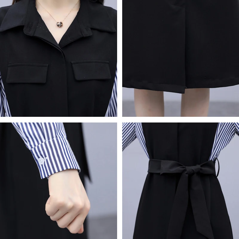 Осенне зимнее женское платье в полоску с отложным воротником и поясом|Женские