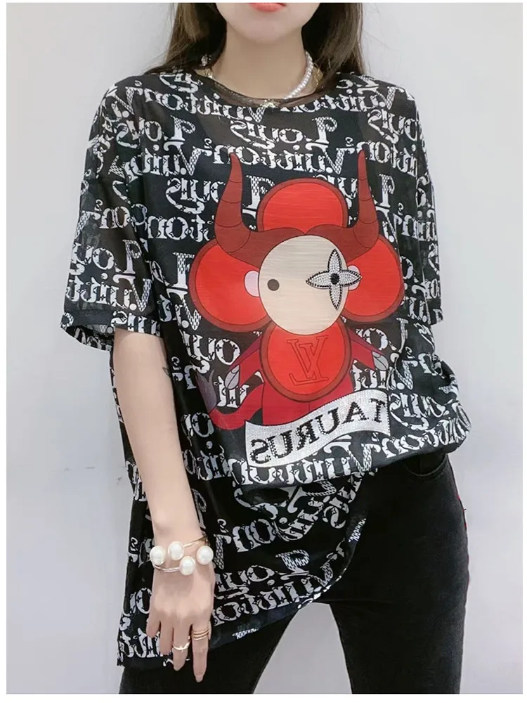 

Summer new short-sleeved plus size women's loose letters hot drilling printing fashion all-match satin imitation silk T-shirt