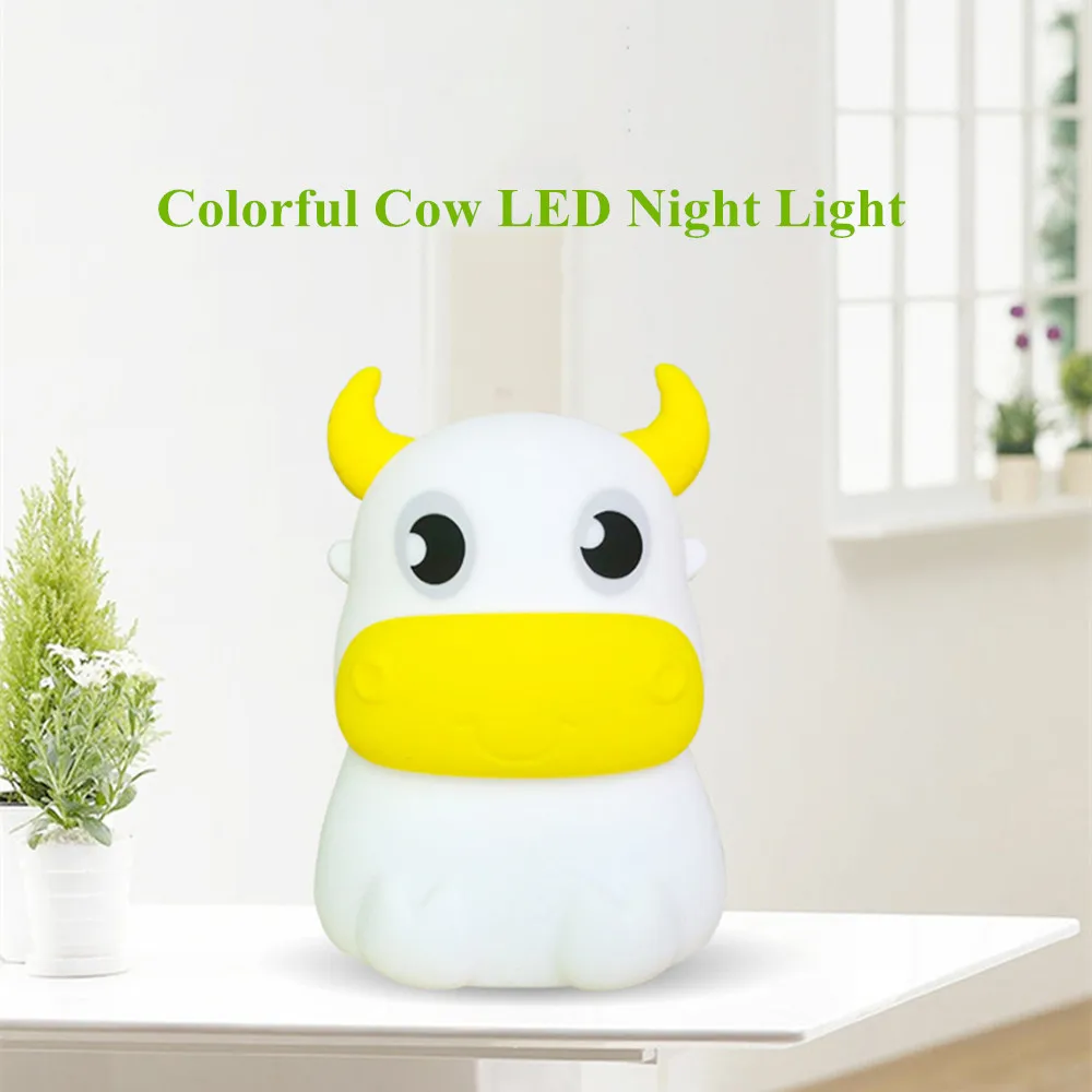 Cow LED Night Light Touch Sensor Colorful Silicone Cattle Bull Lamp USB Rechargeable Bedroom Bedside for Children Baby Gift | Лампы и