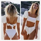 купальник женский 2021, однотонный танкини, спортивный купальник бандо с коротким рукавом, летняя пляжная одежда с высокой талией и открытой спиной