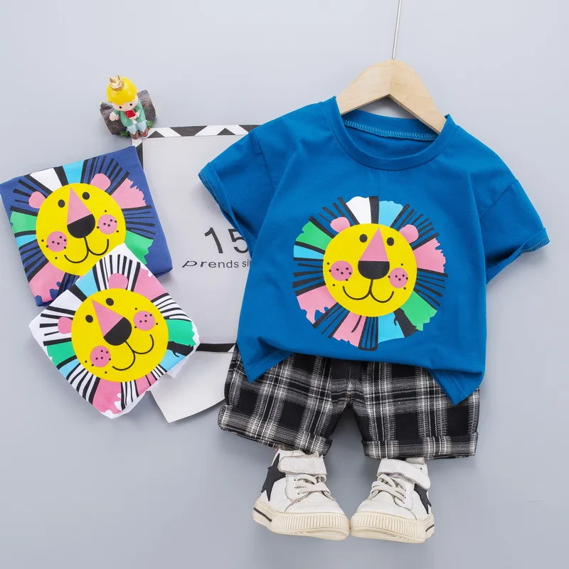 

2021 Summer New 0-5 Years Old Baby Boy Girl Children's Suit Lion Cartoon Print Short Sleeve + Shorts Two-piece Sets