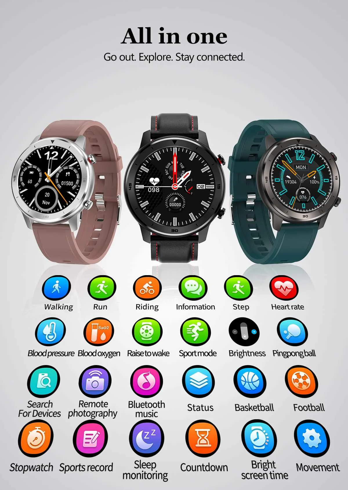 DT NO.1 DT78 Круглые сенсорные элементы управления Smart Watch 14 Мульти циферблаты Smartwatch Браслет Фитнес-трекер Мужчины Женщины Носимые устройства Группа Монитор сердечного ритма Информация Push-напоминание