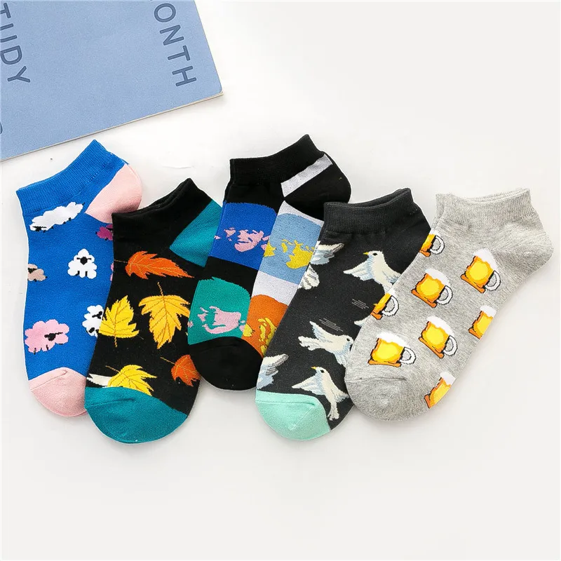 5 Pairs Women's Socks Fashion Hip Hop Funny Cat Dog Beer Maple Leaf Pigeon Printed Happy Color Sox Mens Size 36-43 Wholesale | Женская