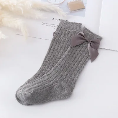 

New Baby Girls Big Bow Socks Cute Cotton Candy Color Non Slip Floor Socks Vertical Stripes Socks Baby Mid Tube Socks