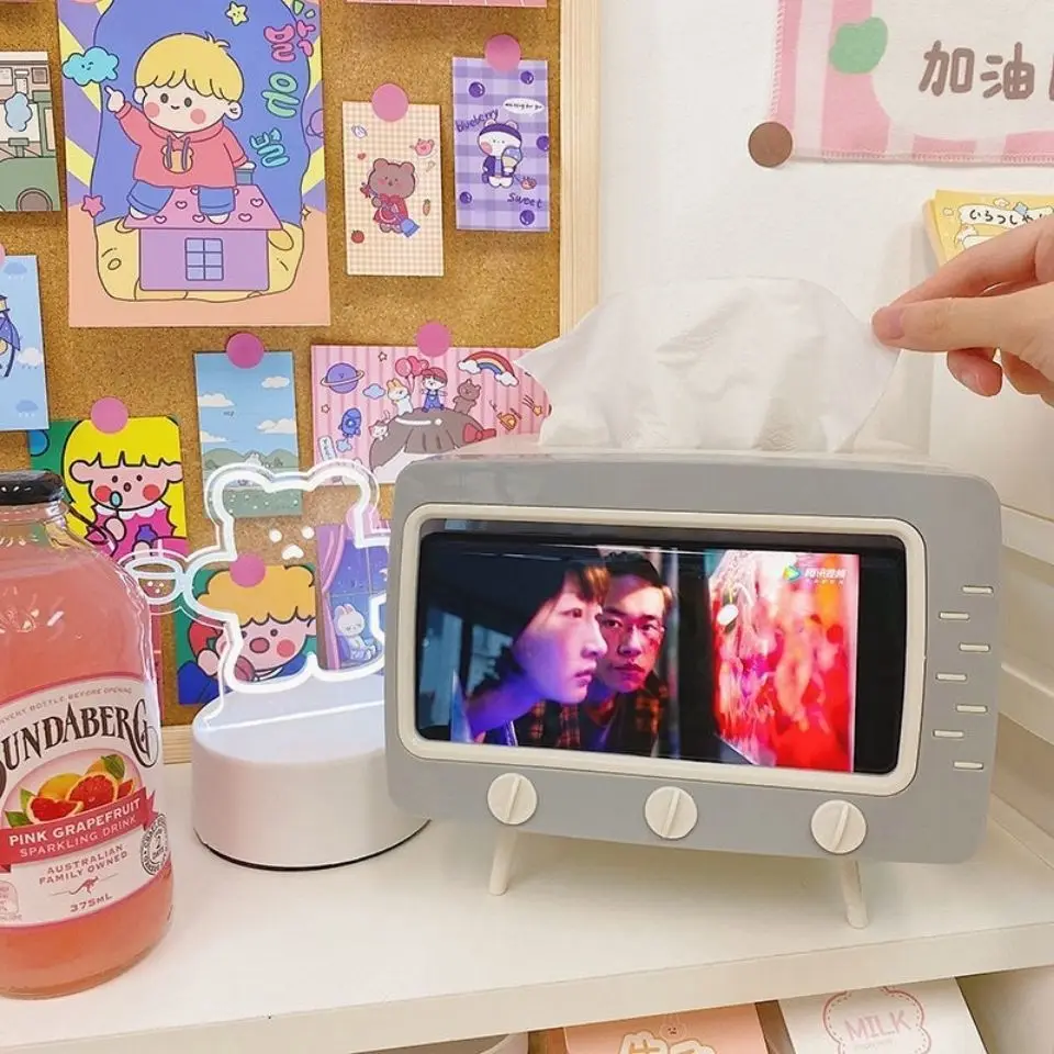 retro tv cute creative mobile phone holder multifunction desktop stand table paper tv tissue storage box accessories for iphone free global shipping