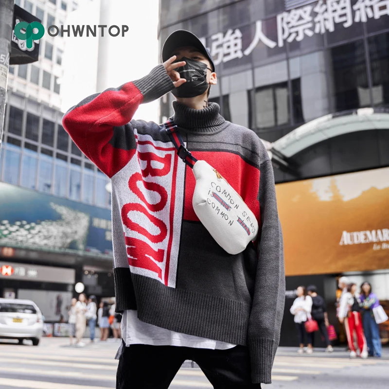 Harajuku Knitted Sweaters Mens Patchwork Sweaters Streetwear Pullover Long Sleeve Hip Hop Sweaters Loose Embroidery Sweaters Top