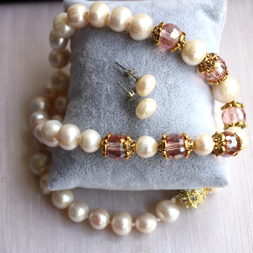 Bohemis style 8-9mm white natural cultured freshwater pearl beads necklace earrings high grade women jewelry set 18inch B3023 | Украшения и