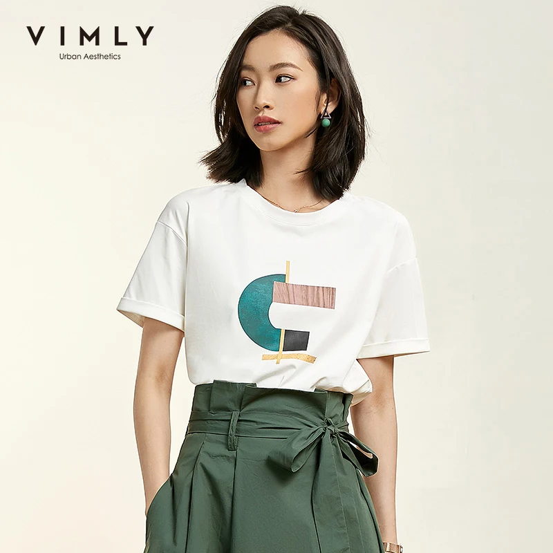 Женская футболка с круглым вырезом Vimly повседневная однотонная хлопковая