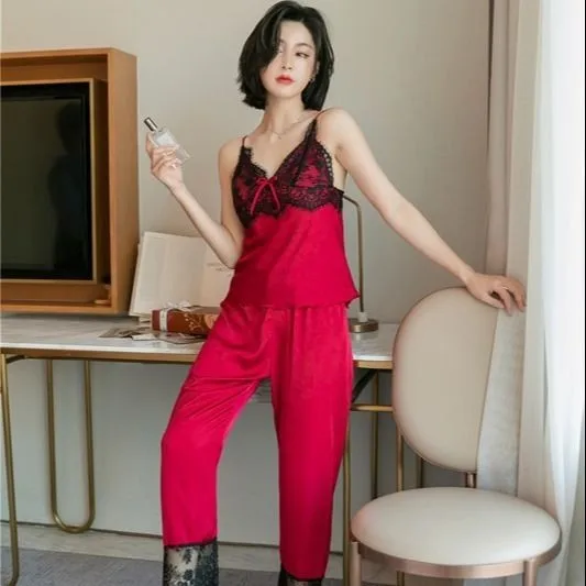 

Sexy 5PCS Pajamas Suit Lady Sleepwear Satin Kimono Bathrobe Gown Lace Patchwork Nightwear Casual Nightgown Silky Home Clothes