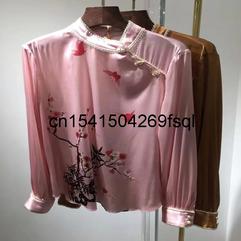 

New 2021 New Women Summer Fashion Runway Cheongsam Shirts Silk Print Pearl Buttons Loose Blouses High Quality Tops