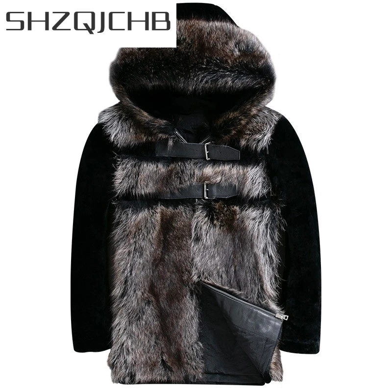 

JCHB 2021 Mens Sheepskin Shearling Coat Winter Warm Real Fur Hooded Jacket Fashion Buckle Strap Splice Natural Genuine Leather O