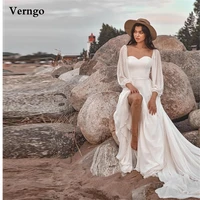 verngo vintage a line dotted silk wedding dresses boho puff long sleeves sweetheart beach wedding gowns 1 5m train bridal gown