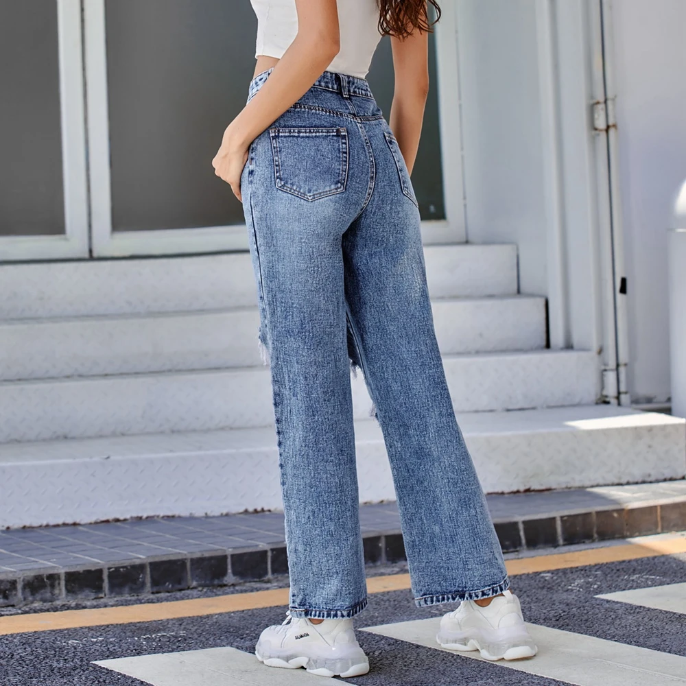 

Factory Sale Vintage Ripped Jeans for Women Autumn Winter Cotton Plus Size Loose Straight Leg High Waist Jeans Woman