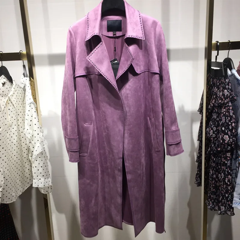 

2020 новый модный длинный плащ из замши с заклепками, женский тонкий пояс, плащ Mujer, ветровка, женская элегантная верхняя одежда, Abrigos, Бразилия,...