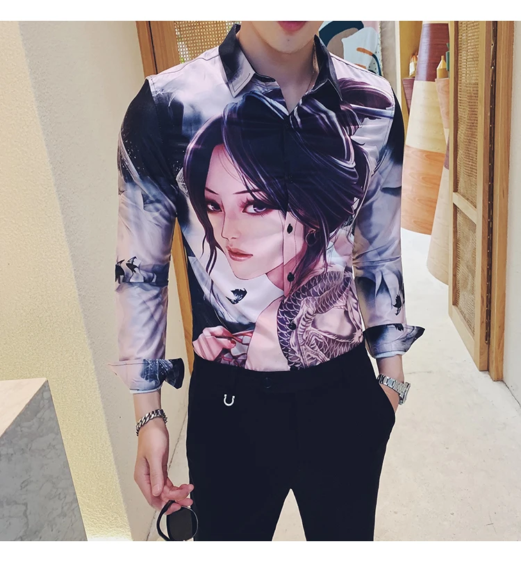 Высокое качество, Camisa Masculina, мода, мужская рубашка с длинным рукавом, красивая девушка, с принтом, тонкая рубашка, мужская рубашка для ночного клуба, смокинг, платье