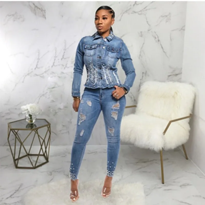 

2020 Autumn Jeans Coat FemaleSexy Heavy Industry Beaded Denim Jacket Top Fashion Rivet Short Denim Jacket Coat Women Cotton