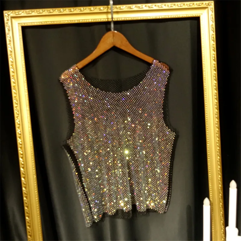 

Women Crystal Beading Shiny Tanks Party Club Sexy Hollow Out Diamonds Stamping Camis Top