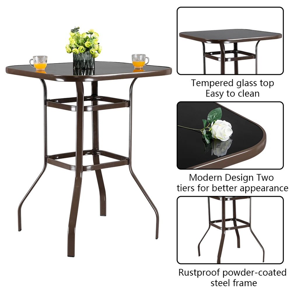 

Wrought Iron Glass High Bar Table Patio Bar Table BrownTall Modern Round Metal Outdoor Furniture High Stool Portable Bar Table