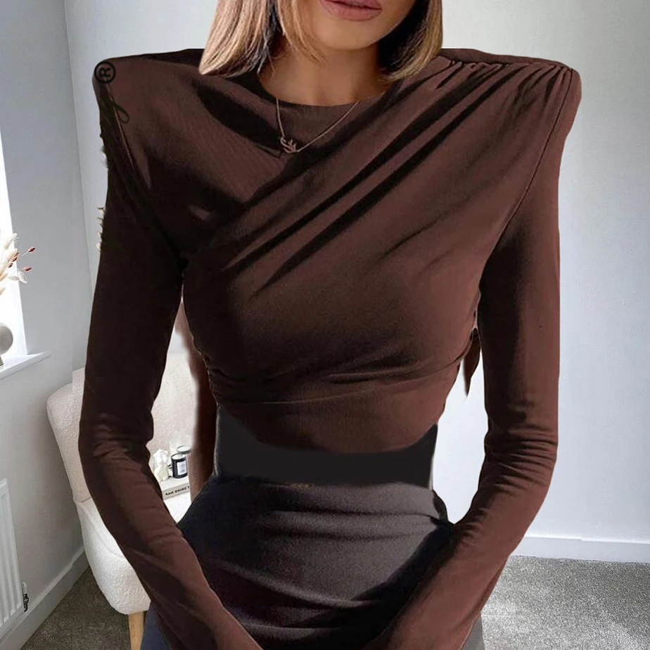 Long Sleeve Shoulder Pad Crop Top Women 2021 Brown Cotton Sexy Ruched T Shirts Autumn Black Streetwear Fashion Tee Tshirt Yuqung | Женская
