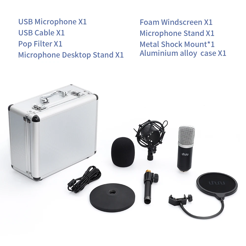 UHURU USB Microphone Kit 192KHZ/24BIT with Aluminum Case PC Condenser Podcast Microfono Streaming Mic Plug&ampPlay for YouTube Game |