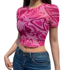 Женская футболка с круглым вырезом, с абстрактным принтом в виде сердца, Сетчатая футболка с коротким рукавом, лето 2021