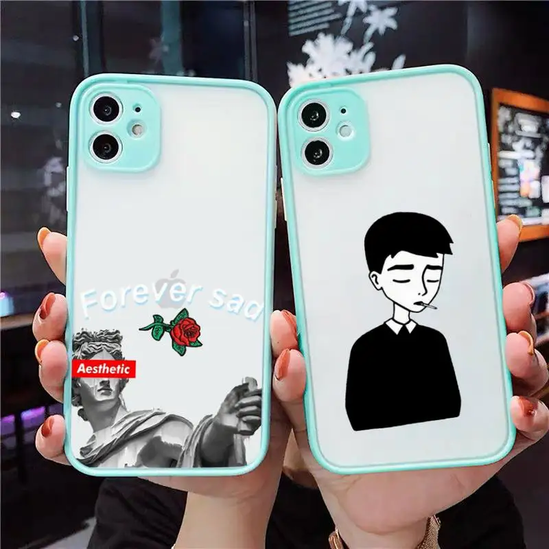 

Artistic rose flower sad Phone Case For iPhone 12 11 Mini Pro XR XS Max 7 8 Plus X Matte transparent blue Back Cover