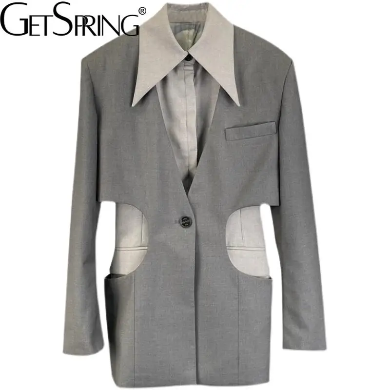 

Getspring Women Blazer Color Matching Asymmetrical Vintage Blazers And Jackets Irregular Gray Black Hollow out Suit Coats 2021