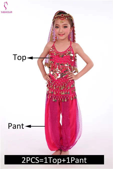 Rose Red 2pcs Детский набор костюма для танца живота Восточные Танцевальные костюмы для девочек Египетский Болливуд индийский танец живота одежда Индия 8 цветов - Цвет: Rose Red 2pcs