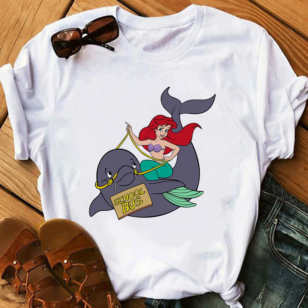 

Casual Cartoon The Little Mermaid Ariel SCHOOL BUS Print T Shirt Women Tops Summer T-Shirt Female Harajuku Loose Tee Shirt