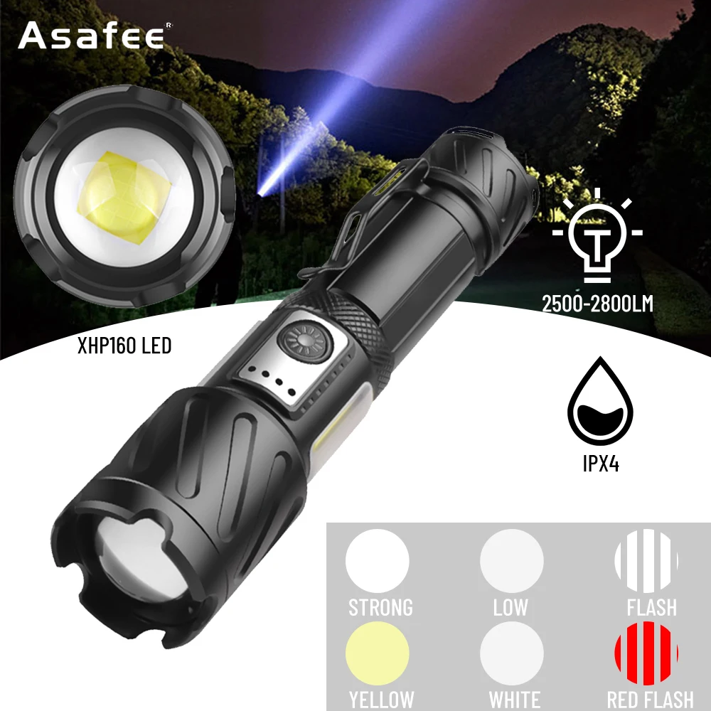 

Мощный светодиодный водонепроницаемый фонарик XHP160, масштабируемый фонарик IPX4, 6 режимов, перезаряжаемый аккумулятор 18650/26650