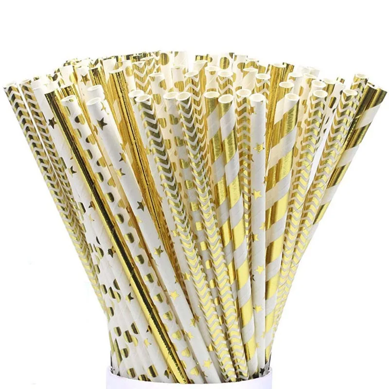 

125 регулируемые бумажные соломинки из золотой фольги для детей, для детского праздника, дня рождения, вечеринки, свадьбы, декоративные празд...