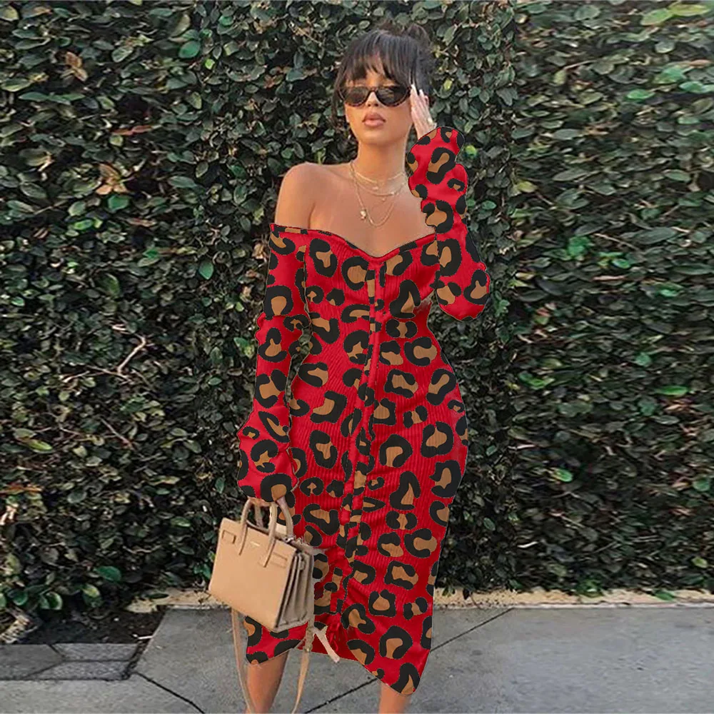 

Women Bodycon Dress Off Shoulder Leopard Patchwork Slash Neck Long Sleeve Party Club Dress Vintage Ruched Drawstring Robe Femme