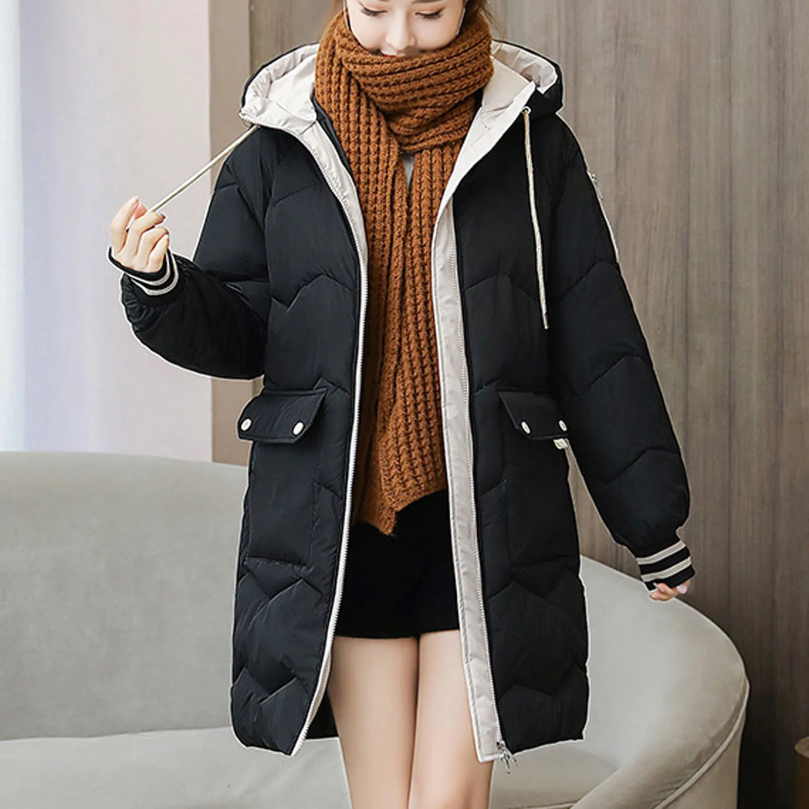 

Fashion Womens Winter Parkas Long Sleeve Solid Colors Snow Jacket Warm Overcoat Hooded Zipper Thicker Coat Pocket Outwear#g3