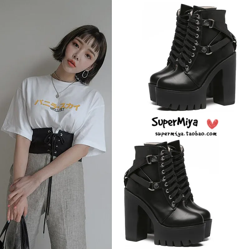 

Mobetty goth boots Tide Cool Street Chic Hong Kong Locomotive Knight Matin Short Tube Bare Ankle Thick High Heel Thick Bottom
