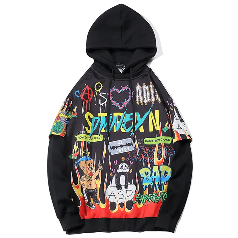 black Aolamegs Hoodies Men Hip Hop Letter Print Men Pullover Cartoon Oversize Style Hooded Sweatshirt Lover High Street Streetwear - Цвет: black