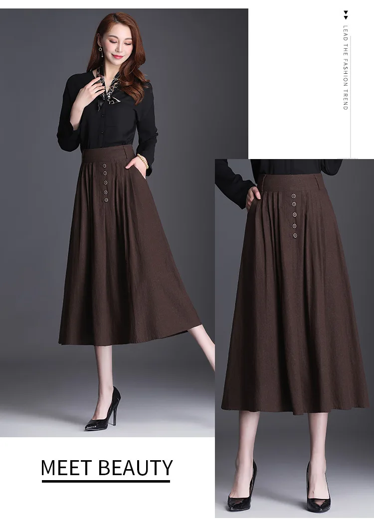 

Cotton Linen Pleated Skirt Summer Women Fashion High Waist Loose Solid Color Casual Big Swing Elegant Vintage Long Skirts 3083