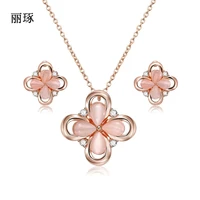 pink petal alloy opal shape earrings necklace jewelry set female stainless steel alloy simple wild necklace sets for women