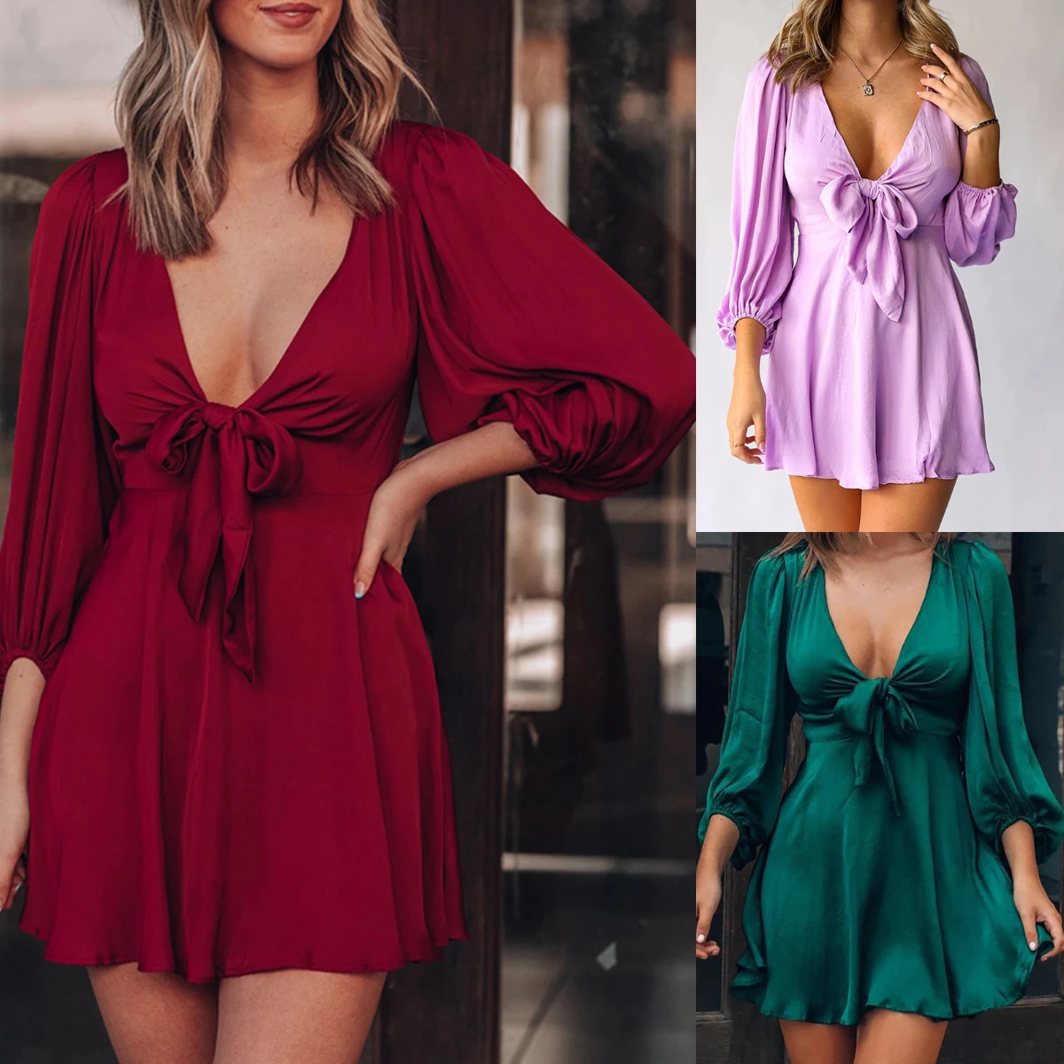 

Summer Fashion Plunge Puff Long Sleeve Bowknot Tie Lace Up High Waist Solid Party Women's A Line Dress Streetwear Robes Femme