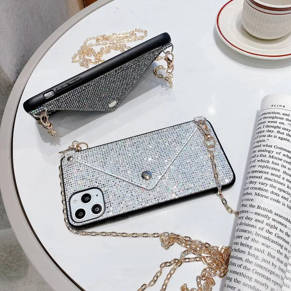 

Fashion Lanyard Wallet Phone Case For Huawei P30 P40 Mate 30 Pro Nova 6 5 4 Glitter Bling Rhinestone Crossbody Chain Bag Cover
